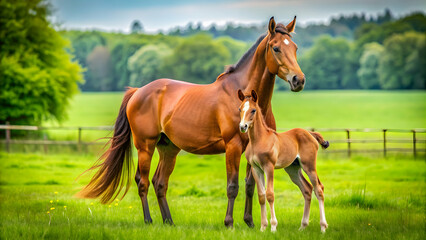 Majestic mare and her adorable foal standing in a green pasture, Horse, foal, mare, pasture, nature, adorable, young