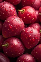  A tight shot of a cherry heap with dew drops on their summits and bases