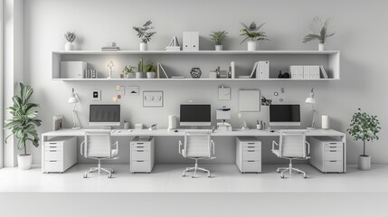 White isometric office cubicles, computer desks and chairs, white background, 3D rendering, C4D, Blender, OC Renderer, high detail, white background. 