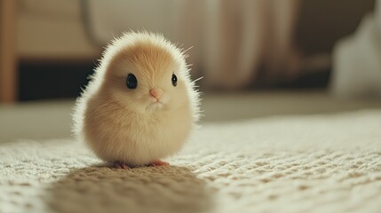 A fluffy, yellow chick stands on a white blanket with soft, focused lighting.