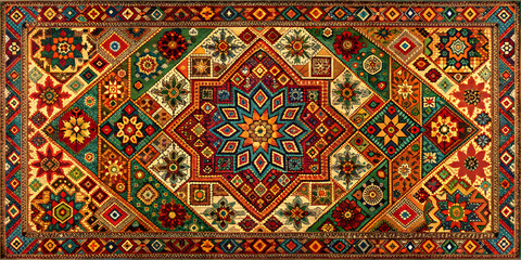 Abstract geometric tapestry design with intricate patterns and vibrant colors, geometric, tapestry, abstract, design