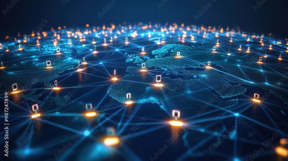 Poster global network of smartphones connected by glowing lines, illustrating mobile communication across c