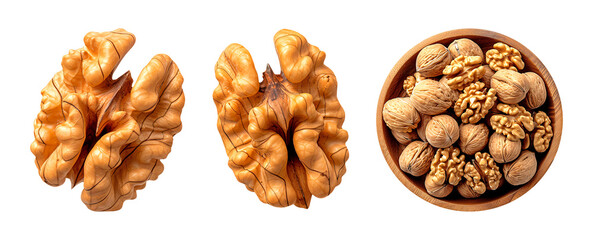 Obraz premium Walnut halves and whole walnuts in a wooden bowl