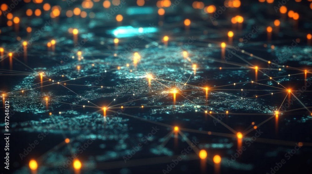 Poster global network of smartphones connected by glowing lines, illustrating mobile communication across c