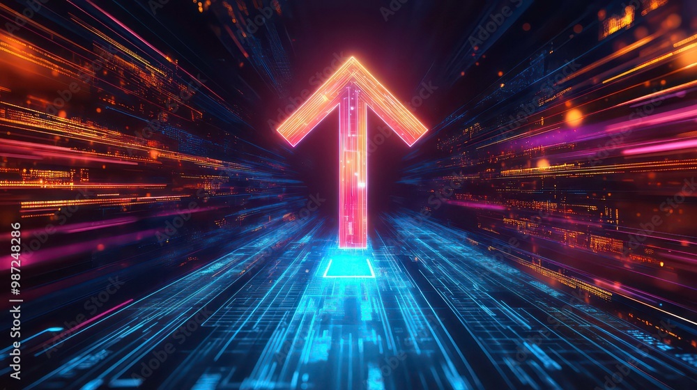 Poster a glowing upward arrow on a digital road made of lines and data.