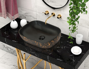 A stylish bathroom showcases a modern Marble basin, complemented by elegant home decor. Modern wash basin design.