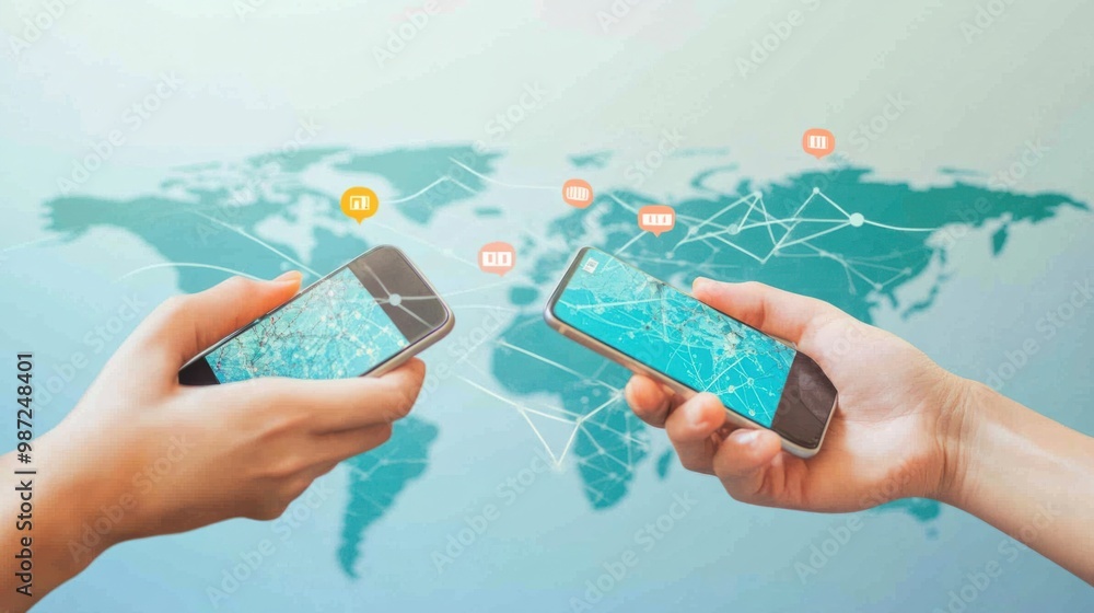 Poster hands holding a smartphone with messages being exchanged between people in different countries, show
