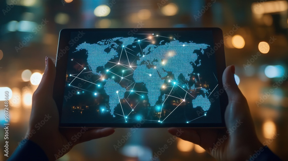 Poster hands holding a tablet displaying a world map with connected nodes, symbolizing international digita