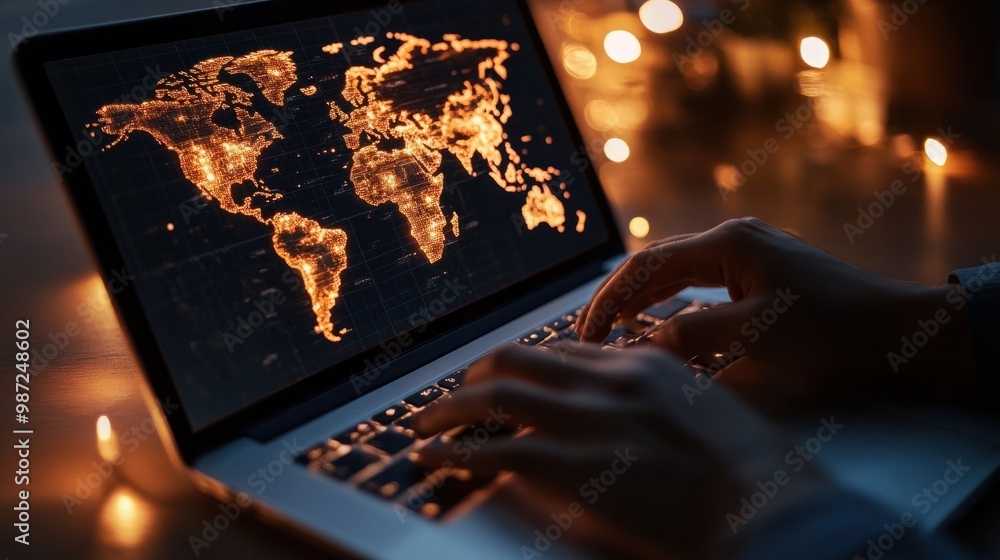 Poster hands typing on a laptop with a world map on the screen, symbolizing international communication via