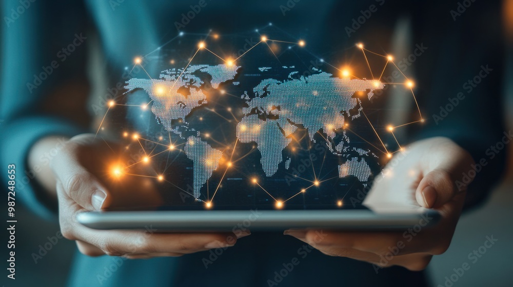 Poster hands holding a tablet displaying a world map with connected nodes, symbolizing international digita