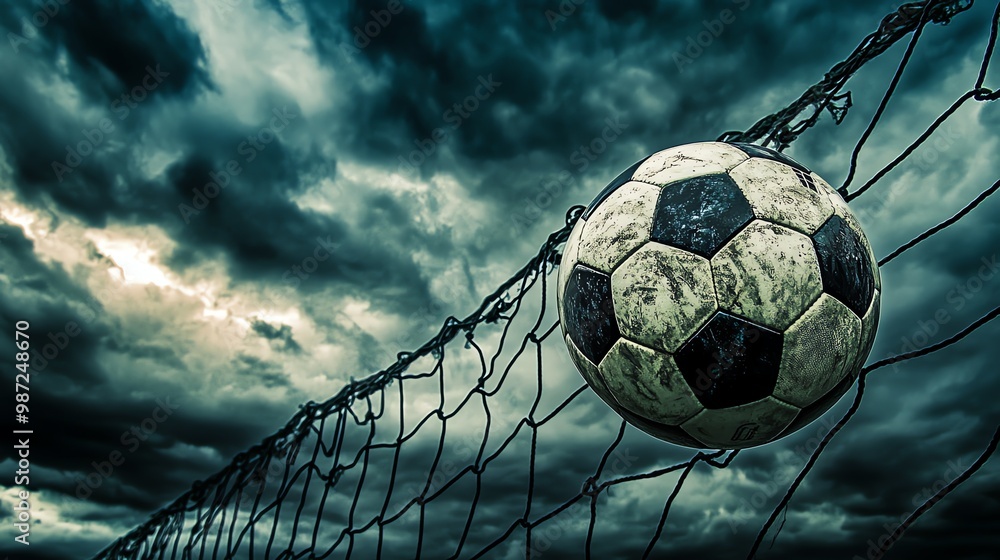 Canvas Prints A soccer ball in a net with a dramatic sky in the background.