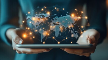 Hands holding a tablet displaying a world map with connected nodes, symbolizing international digital networking.