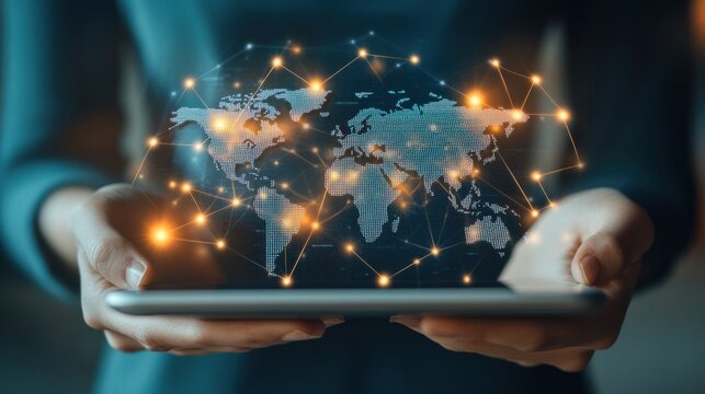 Hands holding a tablet displaying a world map with connected nodes, symbolizing international digital networking.