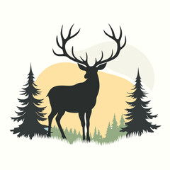 a black and white silhouette of a deer standing in the middle of a forest. vector silhouette
