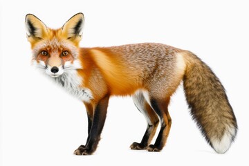 Obraz premium Alert red fox with bushy tail standing with ears perked on a white background.