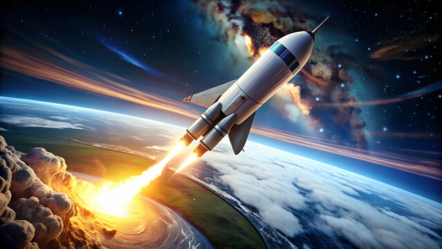 Sleek space rocket in orbit around Earth as part of a high-tech global space program exploration, rocket, space, orbit