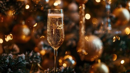 New Year 2025 celebration with champagne flutes and fireworks.
