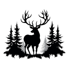 Obraz premium a black and white silhouette of a deer standing in the middle of a forest. vector silhouette