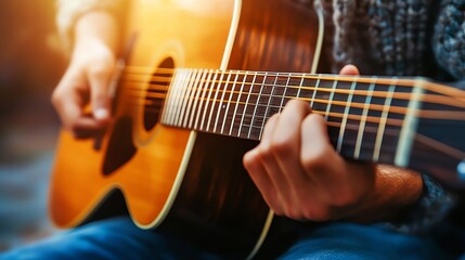 Fototapeta premium A close-up of a person playing an acoustic guitar in a warm, sunlit setting.
