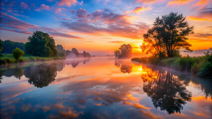 Misty sunset on the river with vibrant colors reflecting on the water , misty, sunset, river, water, reflection, vibrant