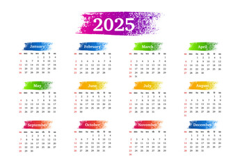 Calendar for 2025 isolated on a white background