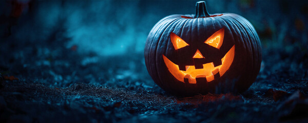 Fototapeta premium Halloween pumpkin in a dark forest, spooky background with a glowing jack-o'-lantern and a foggy night sky.