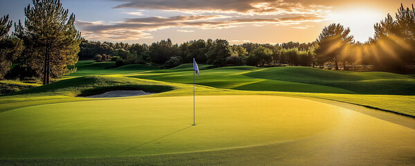 Beautiful golf course with green fairway and flag on the side, golden hour lighting, beautiful sky, trees in the background, wide shot.