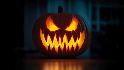 Obraz premium A carved jack-o'-lantern with an evil grin glowing in the dark, creating a spooky atmosphere for Halloween night.