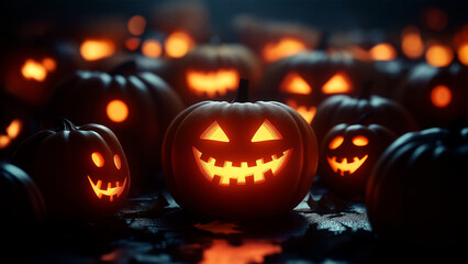 Fototapeta premium Halloween pumpkins illuminated in the dark with glowing faces, set against an array of other pumpkins lighting up at night, creating a spooky and festive atmosphere.