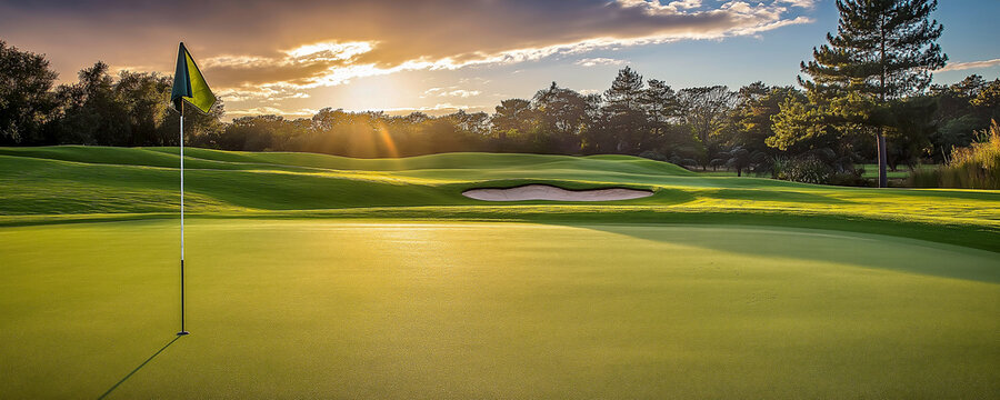 Beautiful golf course with green fairway and flag on the side, golden hour lighting, beautiful sky, trees in the background, wide shot.