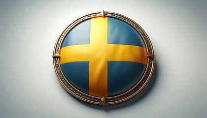 Flag Sweden. A blue and yellow cross on a gold and silver shield. The shield is circular and has a gold rim, isolated on white background