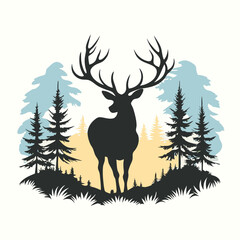 a black and white silhouette of a deer standing in the middle of a forest. vector silhouette