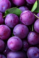  A tight shot of juicy plums with dew droplets and a verdant leaf above