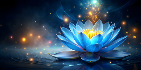 Blue lotus flower with glowing lights and yellow center surrounded by fantasy mystical blossoms on black background, lotus
