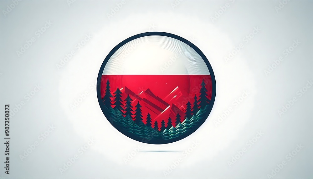 Poster a round flag with a red and white background and a green forest in the middle. the flag is from pola