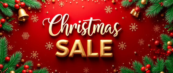 This festive banner showcases a Christmas sale with bold golden lettering surrounded by glittering red and green hues, evoking the spirit of the holiday season