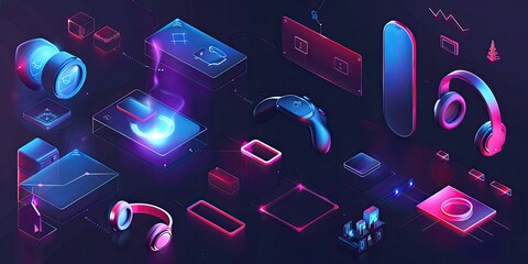 A vibrant illustration of various tech devices and accessories in a digital environment.
