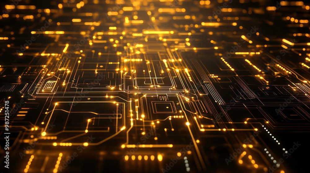 Poster abstract glowing circuit board with yellow lines and lights on a black background.