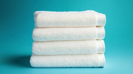 A stack of white towels on a blue background.