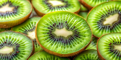 Close-up of sliced ripe kiwi fruit, kiwi, fruit, slices, green, juicy, fresh, tropical, vitamin C, healthy, delicious