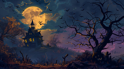 Fototapeta premium A spooky haunted house under a full moon with bats flying around , Halloween cards