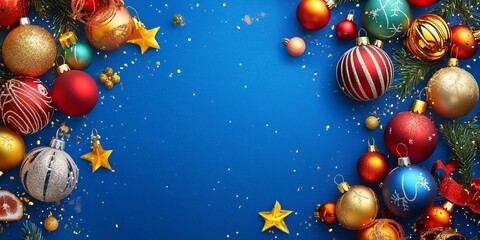 Naklejka premium Brightly colored ornaments, golden stars, and scattered glitter create a cheerful holiday ambiance on a vibrant blue backdrop
