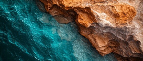 Naklejka premium A bird's-eye perspective of a rock structure with a foreground of azure water and a backdrop of orange cliffs