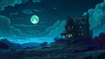 A haunted house on a hill under a full moon , Halloween-themed illustrations