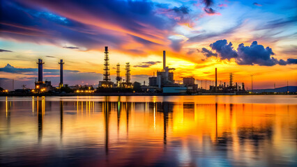 Fototapeta premium Oil refinery silhouetted against a colorful sunset over water, industrial, scene, oil refinery, silhouette, colorful