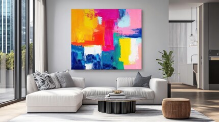 Modern living room interior with a white sectional sofa, a black coffee table, and a large abstract painting.