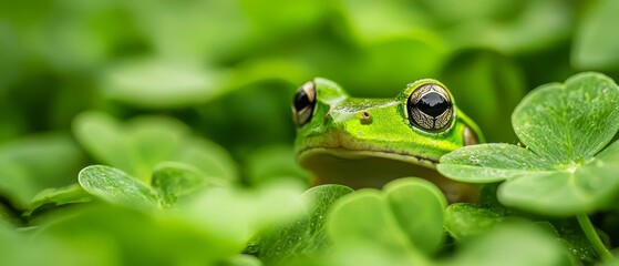 Obraz premium A green frog sits atop a lush, clover-covered field in a verdant forest of leaves