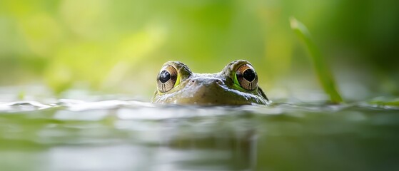 Obraz premium A tight shot of a frog's face submerged in water, surrounded by emerald grass behind