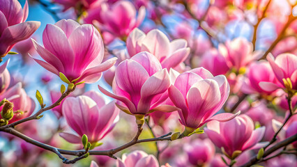 Obraz premium Vibrant pink magnolia flowers in full bloom, spring, nature, petals, blossoms, floral, garden, blooming, beauty, elegant