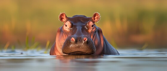 Fototapeta premium A tight shot of a hippo submerged in water, surrounded by tall grasses in the background